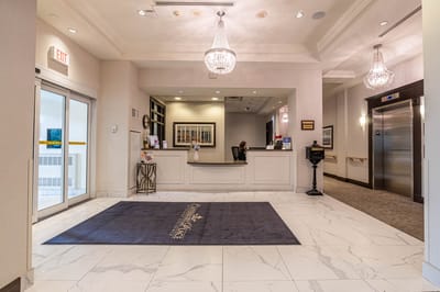 Bright, welcoming lobby with reception desk.