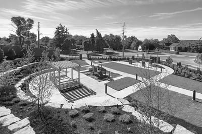 Well-maintained garden and pathways in a residential facility.