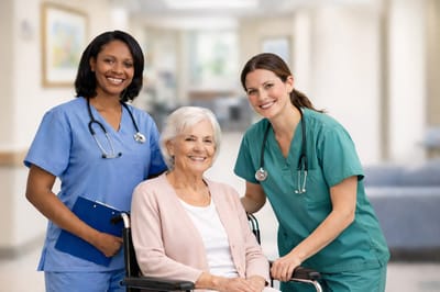 Smiling staff with a resident in a wheelchair