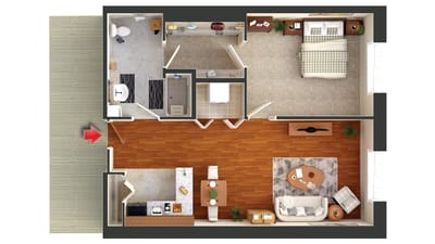 Fairview Nursing Home, nursing home — Top-down layout of a senior living apartment studio
