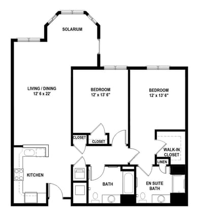 Architectural floor plan for a two-bedroom unit.