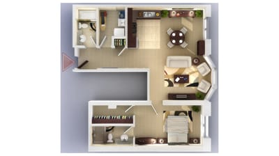 Fairview Nursing Home, nursing home — Layout of a senior living apartment with rooms and furnishings