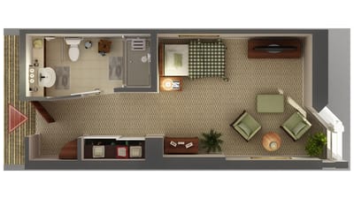 Fairview Nursing Home, nursing home — Floor plan of a one-bedroom senior living apartment