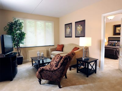 Cozy resident room with sofa and decorative art
