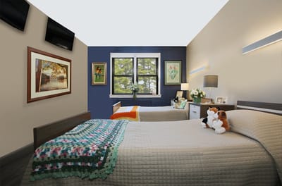 A well-decorated resident room with two beds