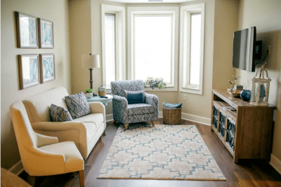 Bright and cozy interior living area with seating