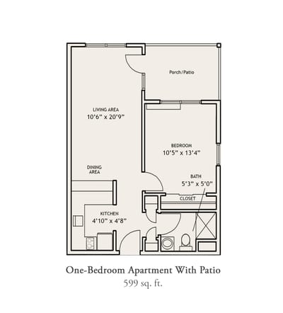 Architectural floor plan of a one-bedroom apartment with patio