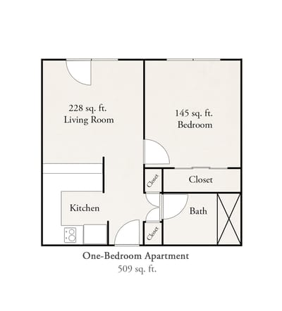 Floor plan of a one-bedroom apartment