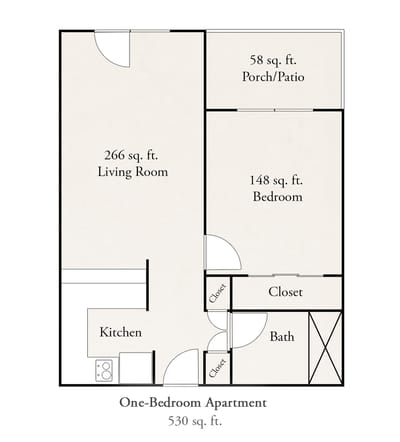 Architectural floor plan of a one-bedroom apartment