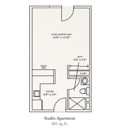 Architectural floor plan of a studio apartment