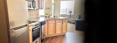 Interior view of a kitchen in senior living apartment