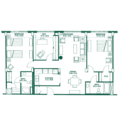 Architectural floor plan of a living unit.