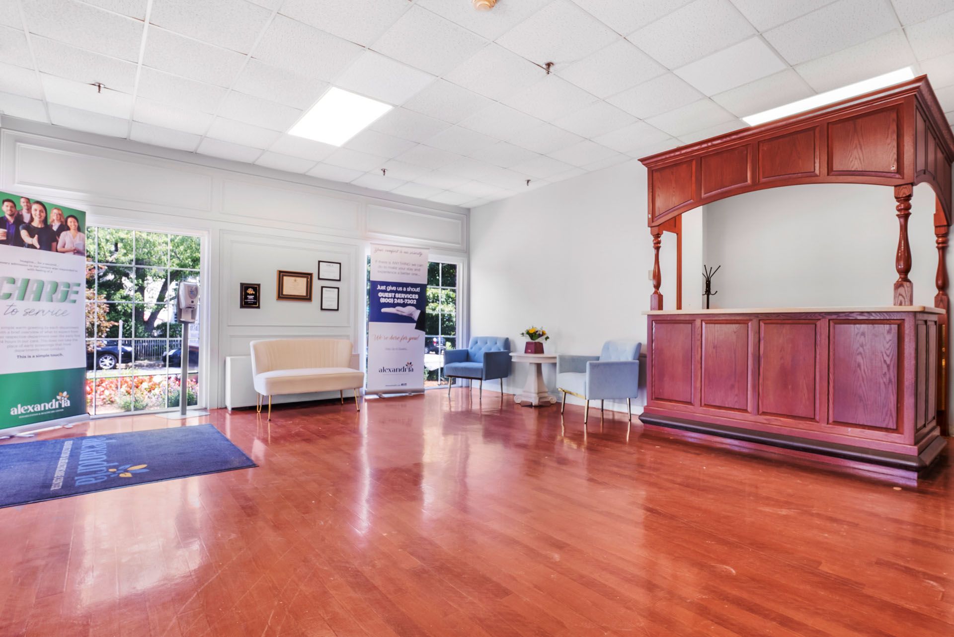 Interior view of the reception area with seating.