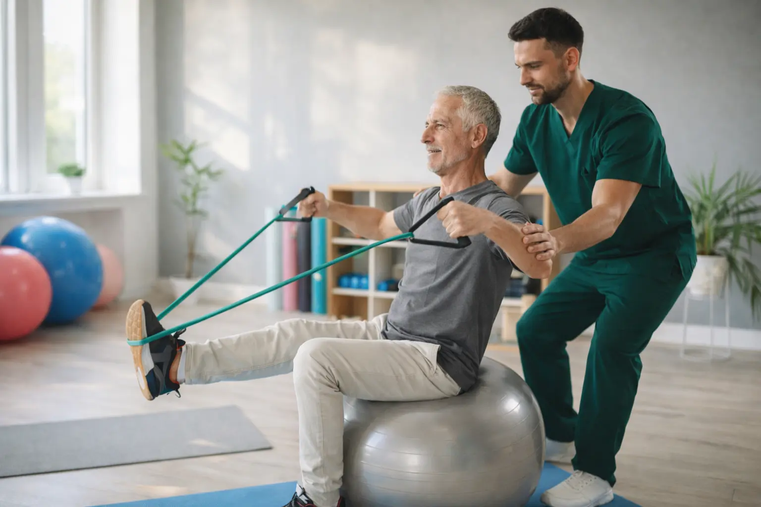 Older man exercising with assistance in a therapy room