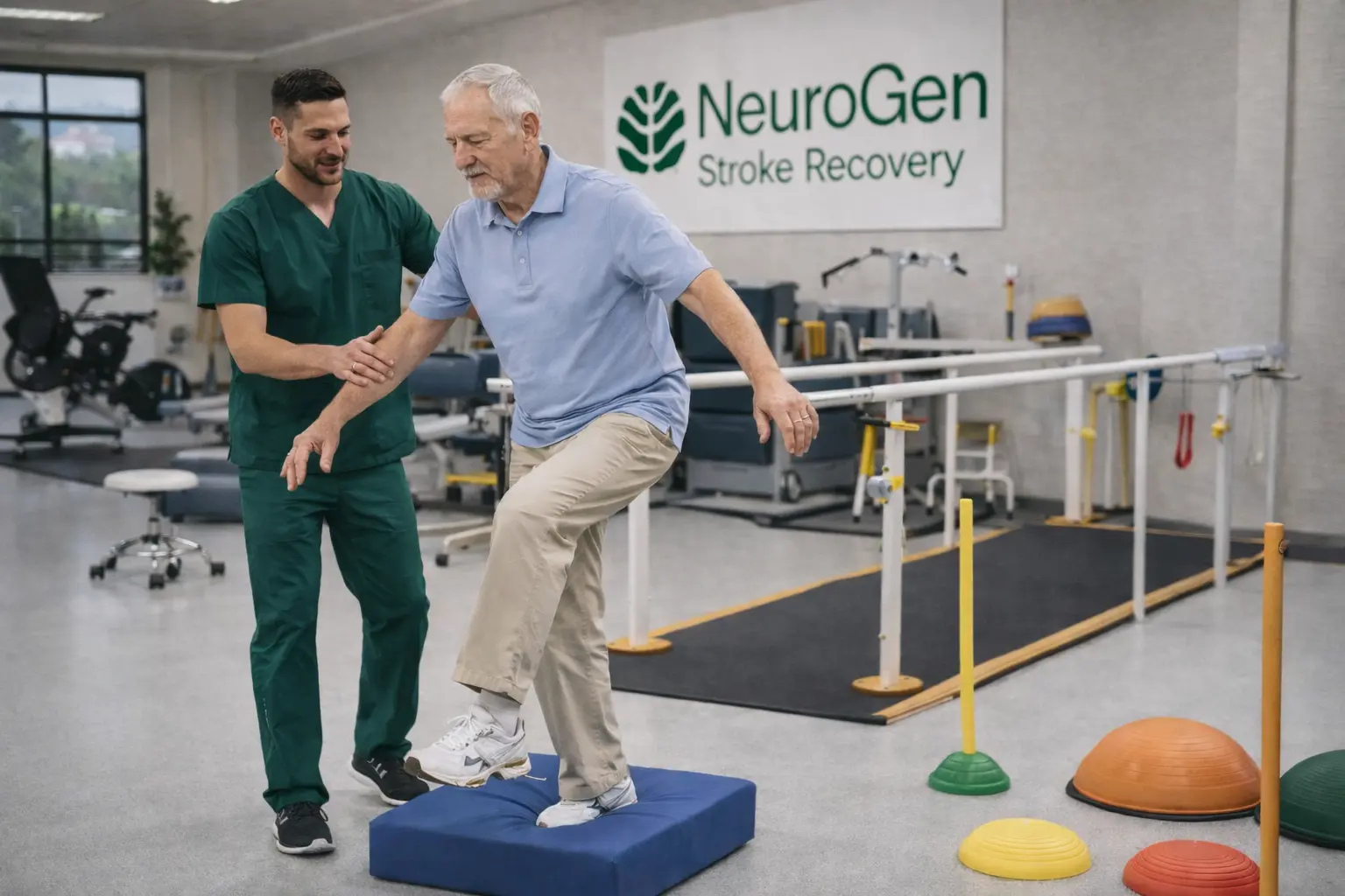 Therapist assisting a senior man during rehabilitation.