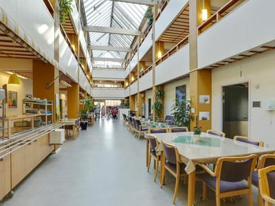 Bright common area with seating and plants