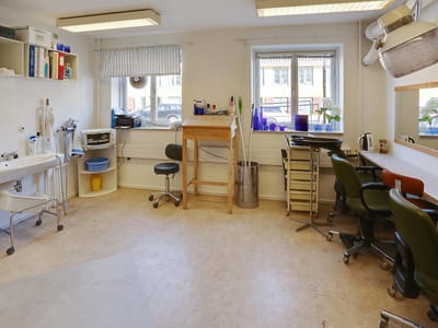 Interior view of a therapy room with equipment.