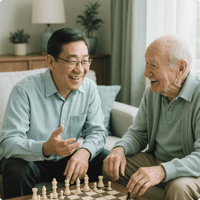 Two elderly men playing chess in a cozy living room.