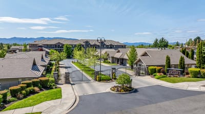 Aerial view of the facility entrance and landscaping.