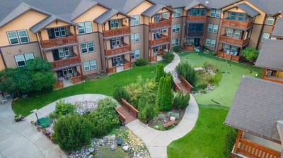 Aerial view of the facility's landscaped outdoor area.