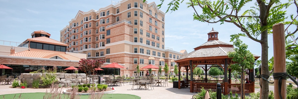 Exterior view of the facility with outdoor seating area