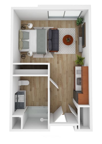 Floor plan of a private resident room with a living area