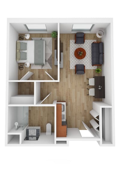 Layout of a one-bedroom senior living unit