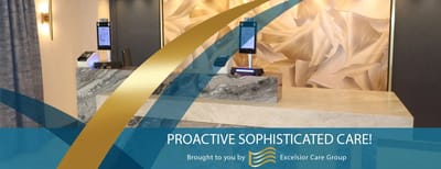 Interior reception area with digital kiosks