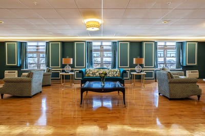 Bright common area with comfortable seating and decor