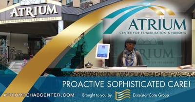Entrance of Atrium Center with staff at reception
