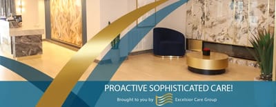 Brightly lit interior lobby of a senior living facility