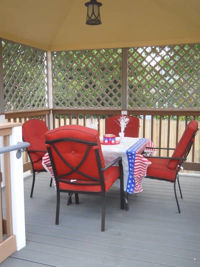 Outdoors patio area with red chairs and table