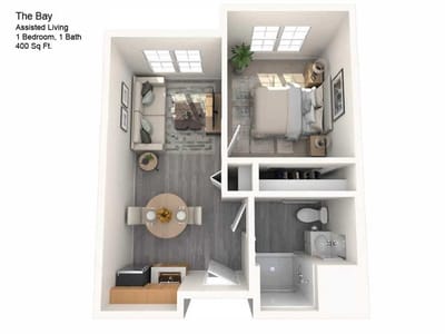 Architectural floor plan of a one-bedroom assisted living unit