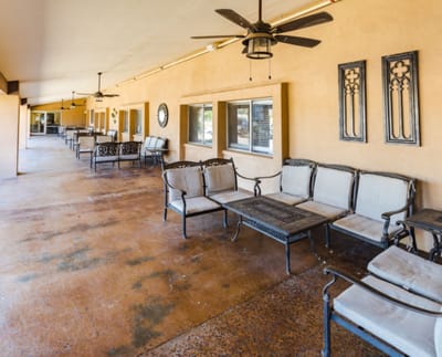 Interior seating area with tables and chairs