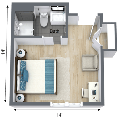 Detailed floor plan of a resident room with amenities