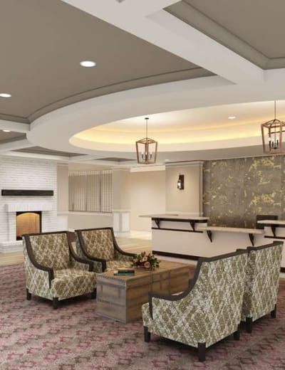 Common area with seating and a fireplace