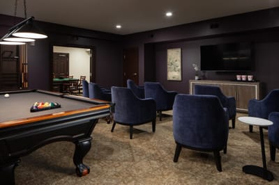 Interior game room with billiards table and seating