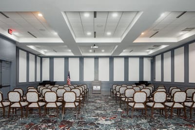 Interior of a conference room set up for an event