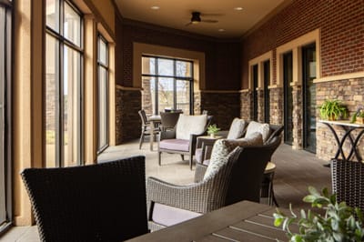 Bright interior common area with seating