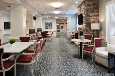 Interior common area with seating and decorative stone