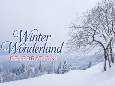 Snowy landscape with trees and text for celebration