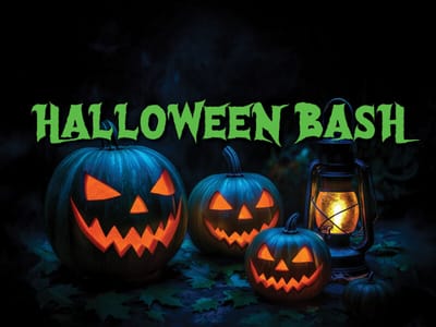 Decorative Halloween-themed graphic with pumpkins