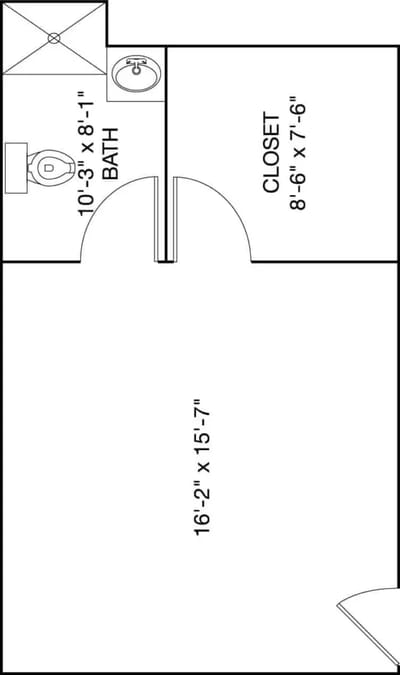 Floor plan of a resident room and bathroom.