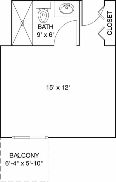 Architectural floor plan of a resident room with balcony