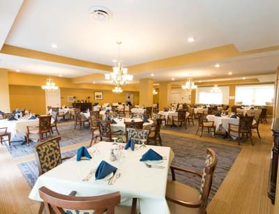 Bright dining area with neatly arranged tables