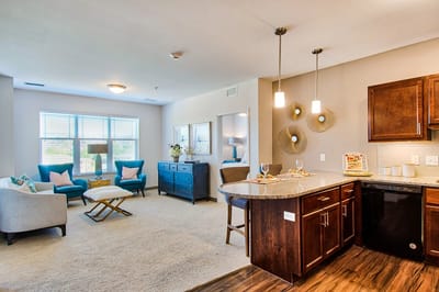 Bright living room in a senior living apartment