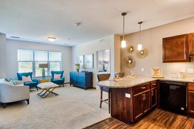 Bright common area with stylish furniture