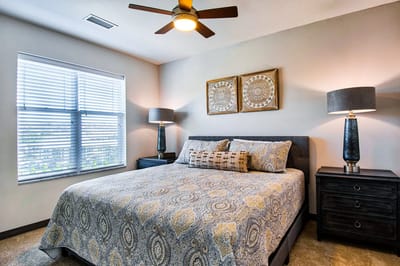 Cozy bedroom with decorative bedding and lamps