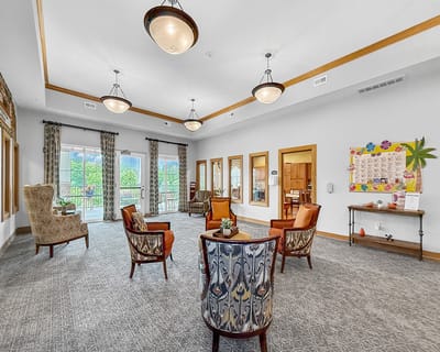 Bright common area with comfortable seating and decorations