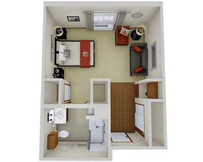 Layout of a private resident room with furniture